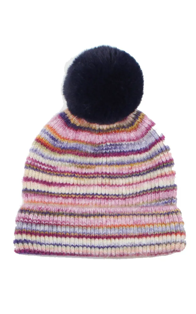 EHT10687 MULTI COLOR KNIT BEANIE W/POMPOM