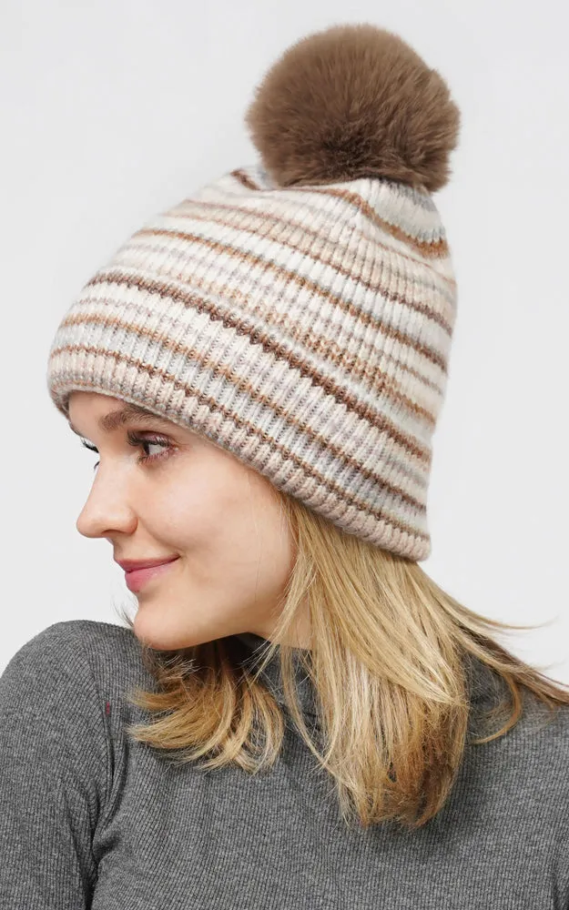 EHT10687 MULTI COLOR KNIT BEANIE W/POMPOM