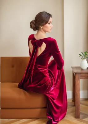 Elegant Long V-Neck A-Line Velvet Dress with Heart Shape Bow-Tied Back