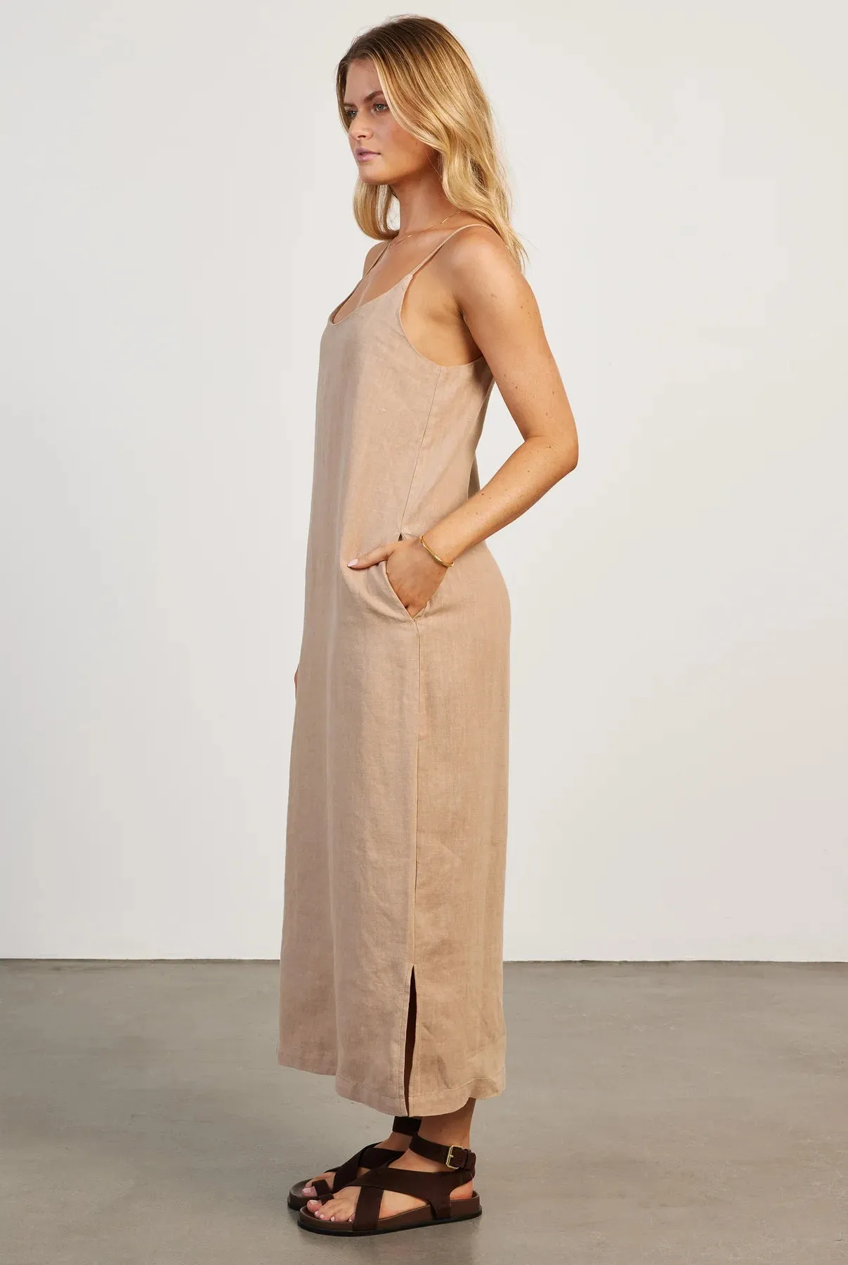 Essential Linen Slip Dress in Warm Sand