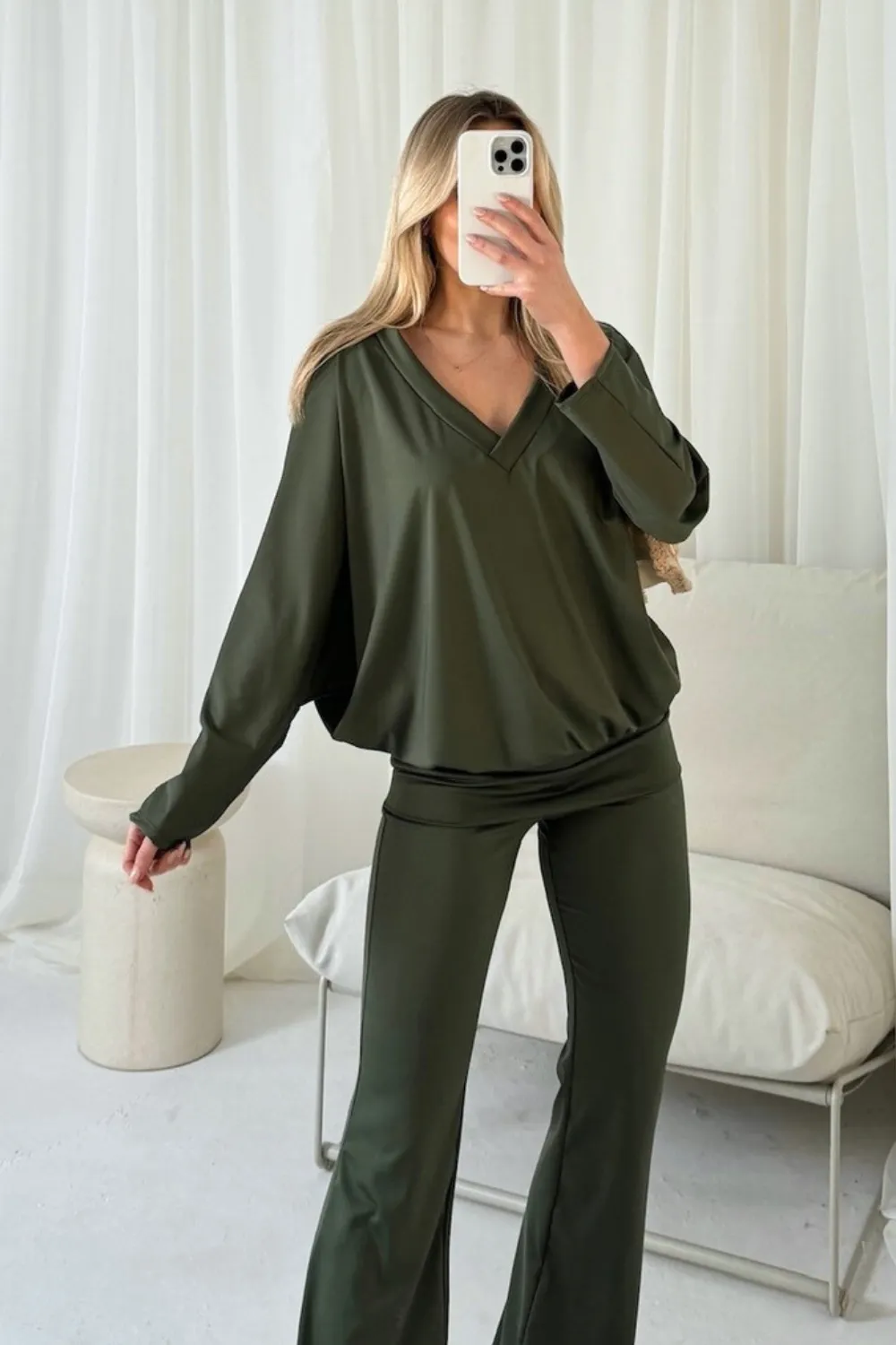 Evelyn khaki v-neck bat sleeve loungewear set