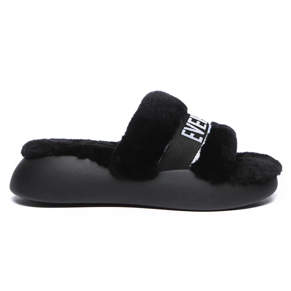 EVERAU High Platform Sheepskin Wool Slides Women Flossy Slipper #EA2019