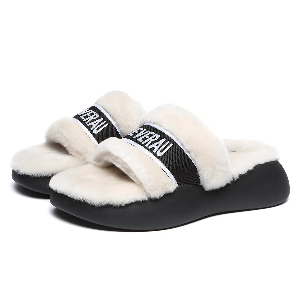 EVERAU High Platform Sheepskin Wool Slides Women Flossy Slipper #EA2019