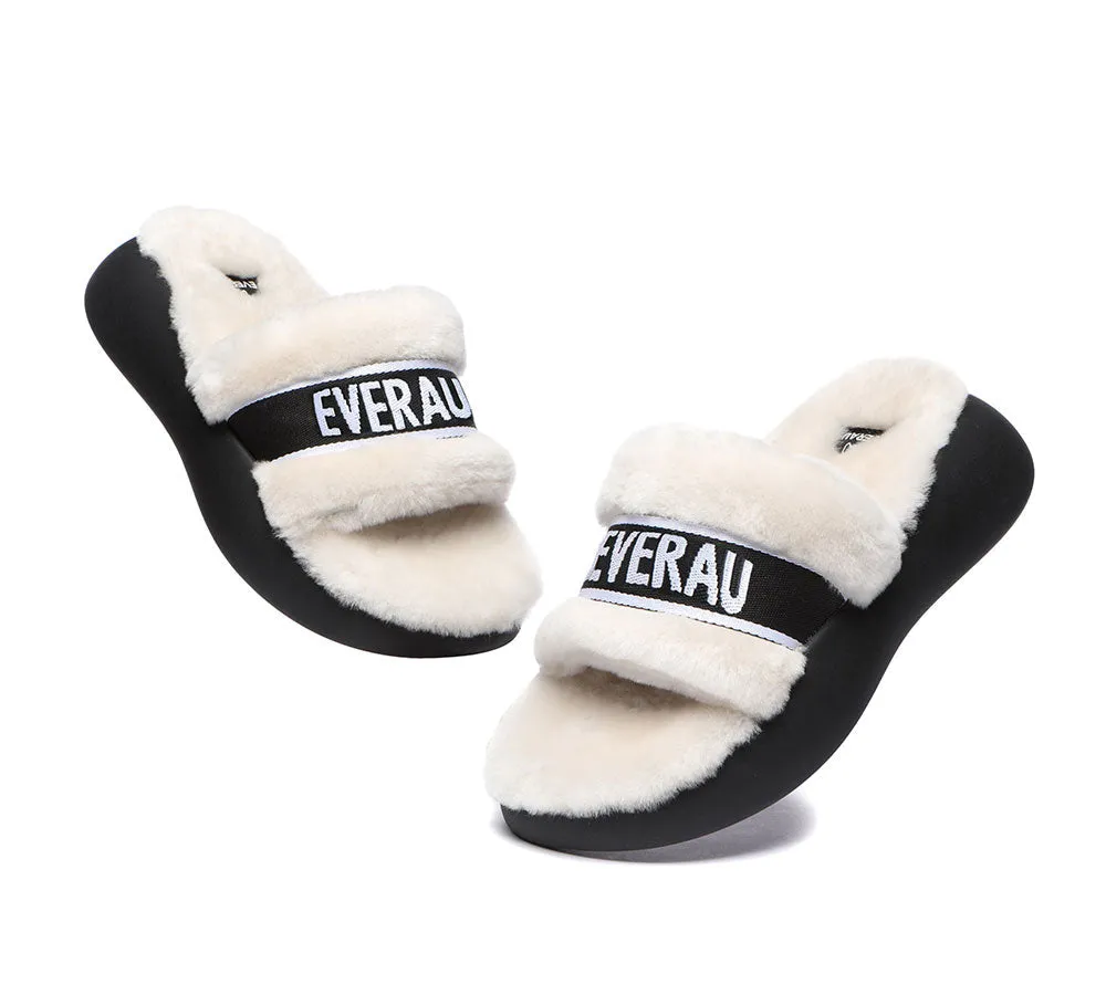 EVERAU® UGG Women Sheepskin Wool Wedge Fluffy Slides Flossy