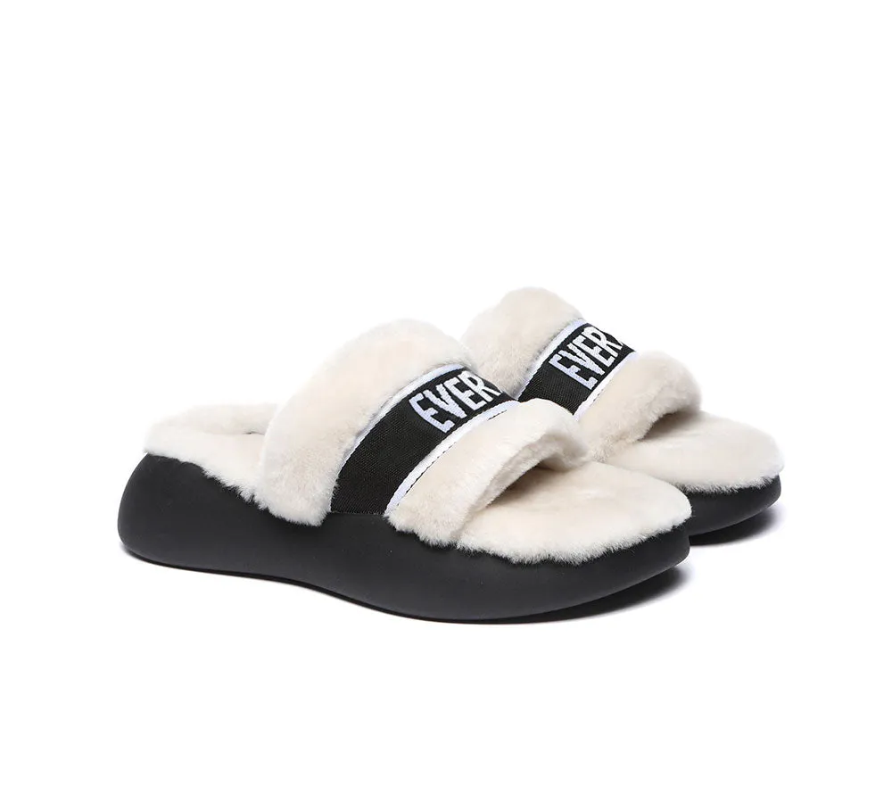 EVERAU® UGG Women Sheepskin Wool Wedge Fluffy Slides Flossy