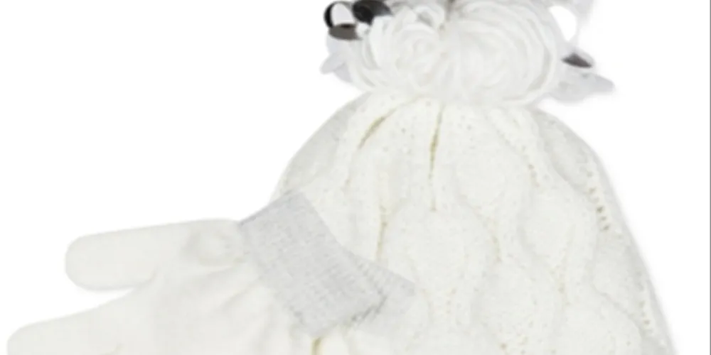 Fab Big Girl's 2 Pc Popcorn-Knit Heidi Hat & Gloves Set White One Size