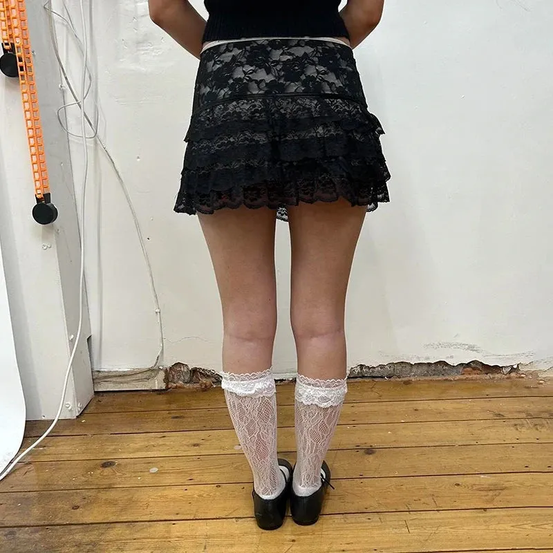 Fashion Y2K Gothic Dark Lace Skirt Mini Tierred Vintage See Through Sexy Summer Skirt Women A-Line Three-Layer Bottom