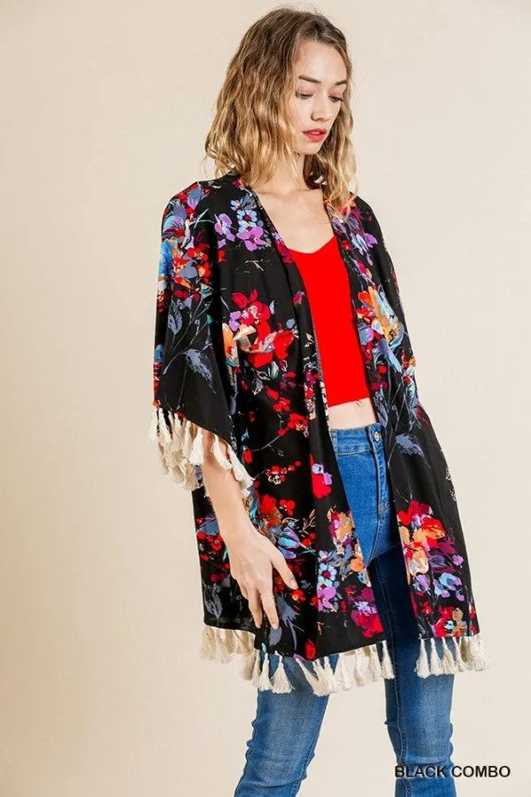 Floral Frayed Tassel Kimono, Black