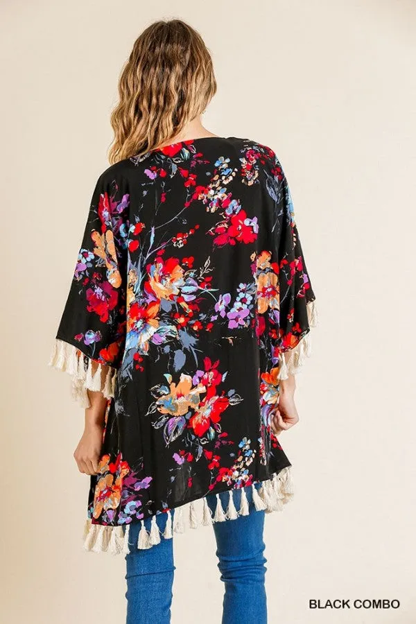 Floral Frayed Tassel Kimono, Black