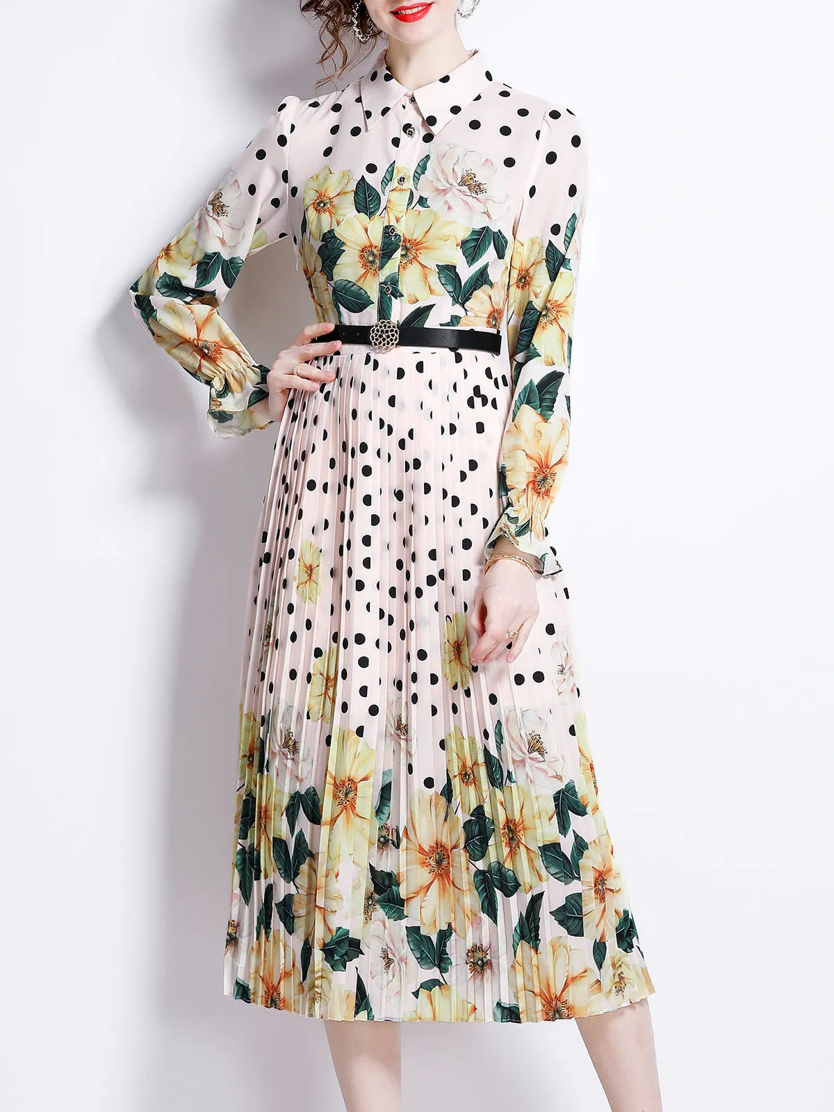 Floral Shirt Collar Polka dots Long Sleeves Boho Dress Pleated Skirt Beach Midi Dress