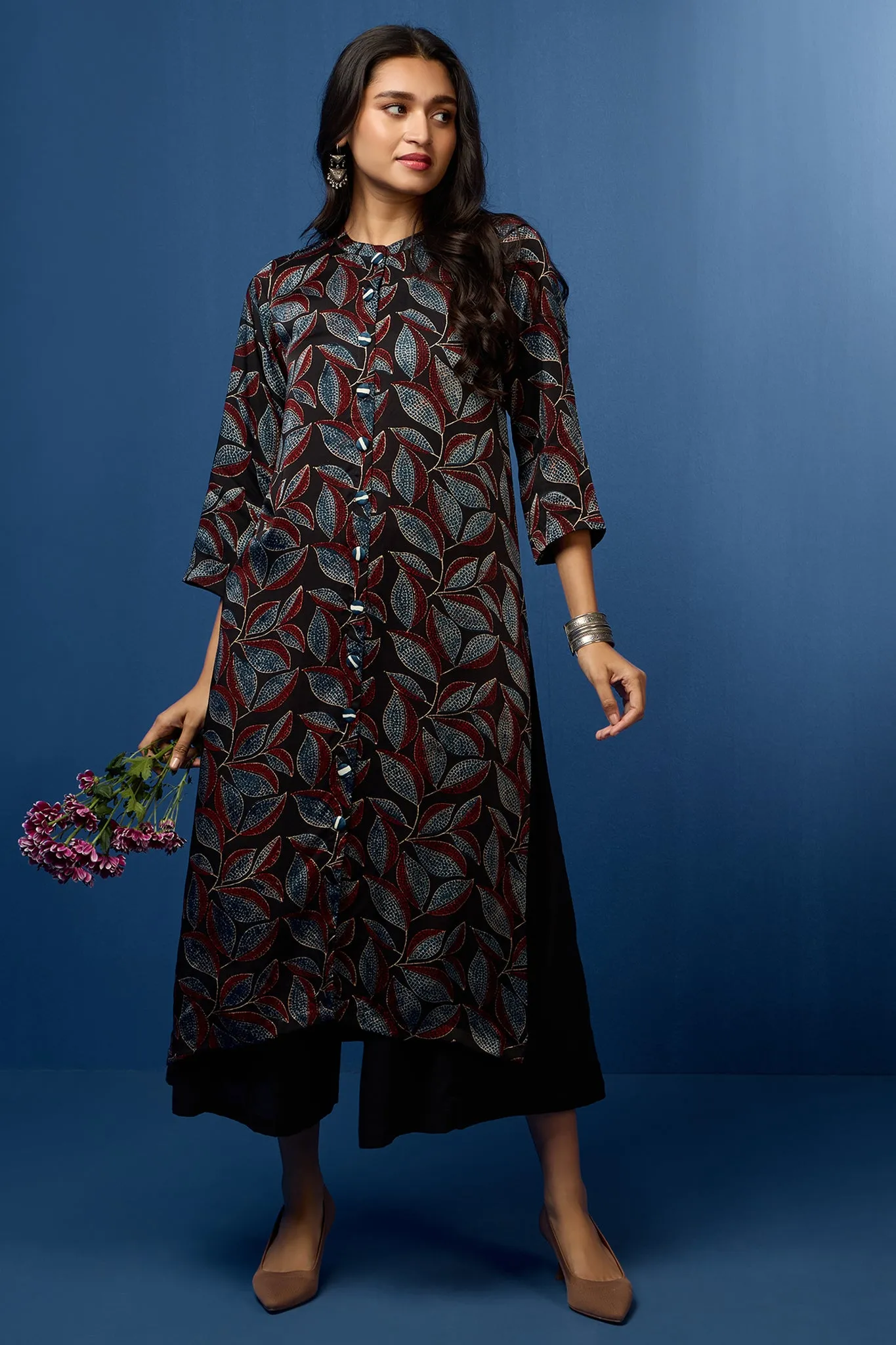 formal button down kurta - raven feather & auburn leaves