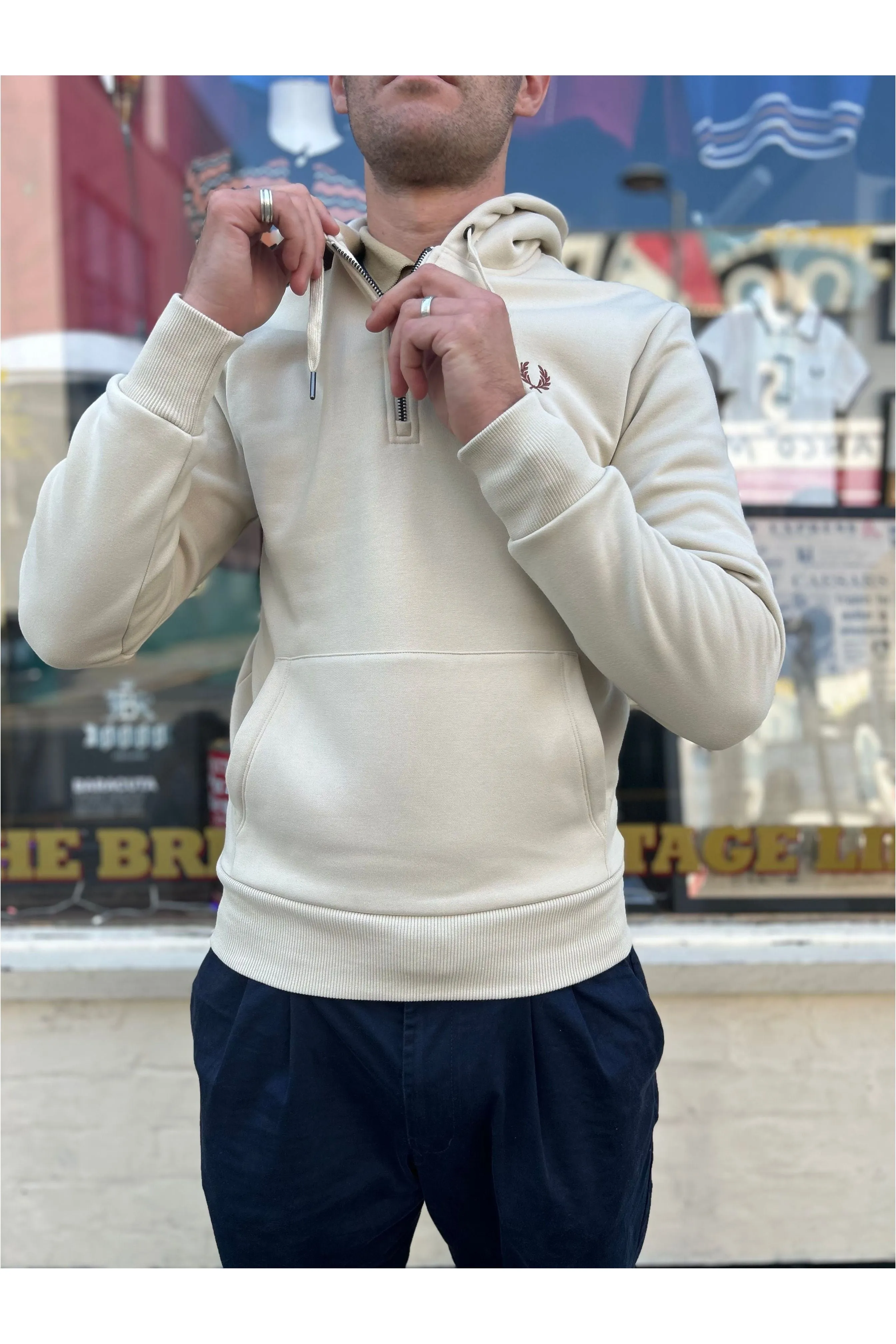 Fred Perry - M8643 Oatmeal - Quarter Zip - Hooded Sweatshirt