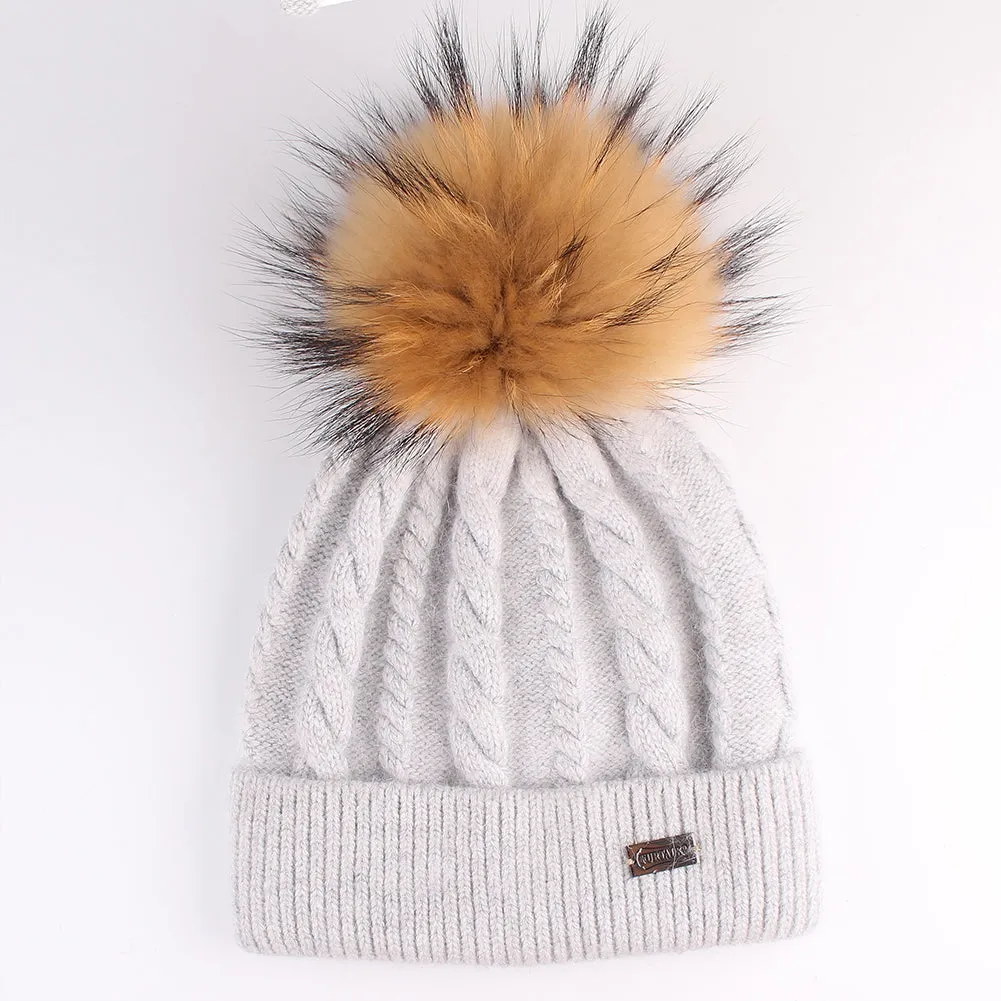 FURTALK Women Winter Real Fur Pom Pom Hat Twist Drop Shipping AD001