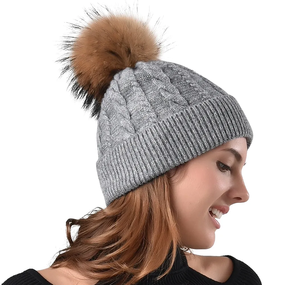 FURTALK Women Winter Real Fur Pom Pom Hat Twist Drop Shipping AD001