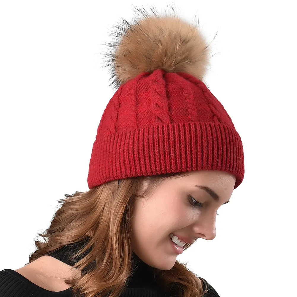 FURTALK Women Winter Real Fur Pom Pom Hat Twist Drop Shipping AD001