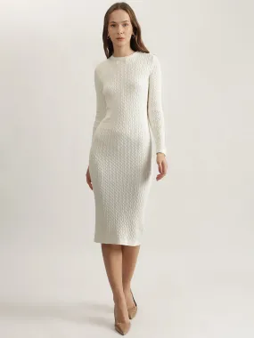 Gant Women Cream Solid Round Neck Full Sleeves Winter Dress