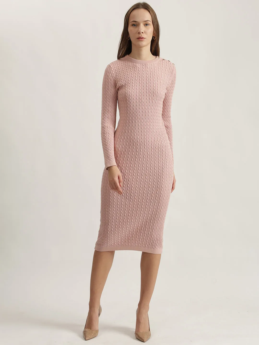 Gant Women Pink Solid Round Neck Full Sleeves Winter Dress