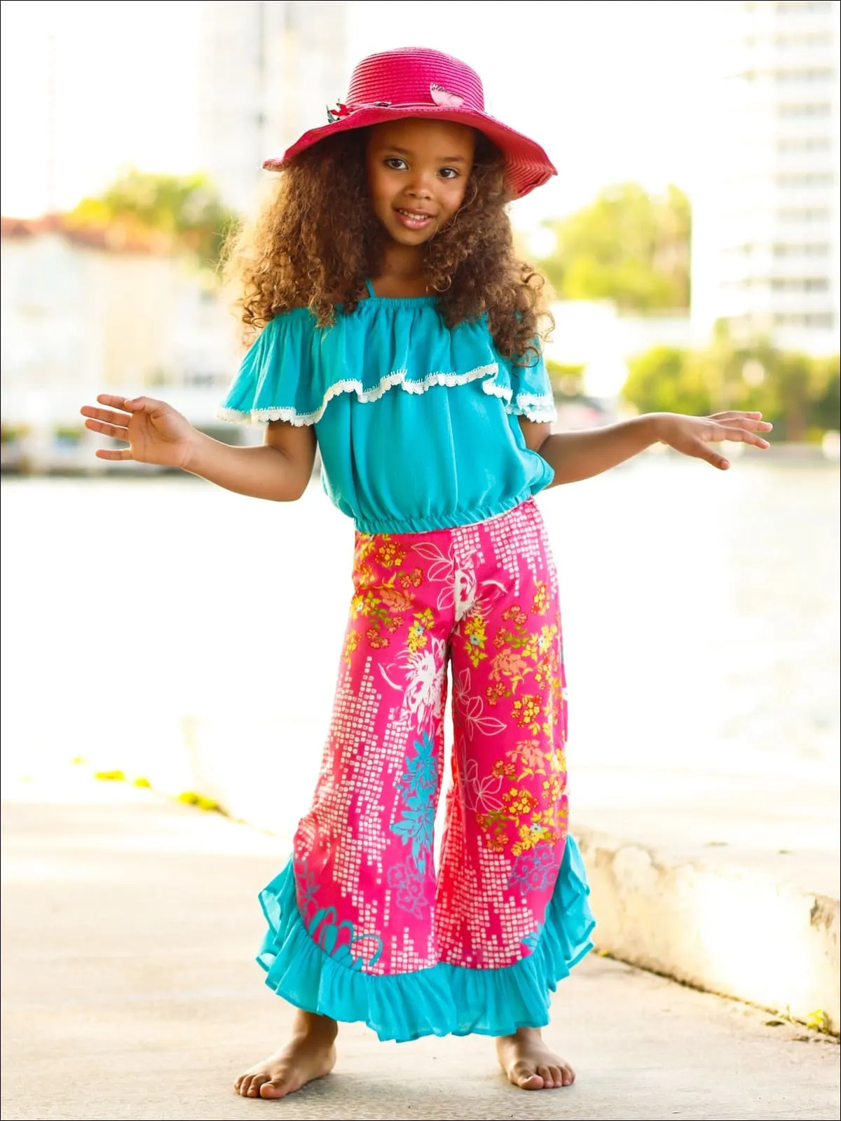 Girls Off the Shoulder Trimmed Ruffle Halter Neck Top And Floral Ruffled Palazzo Pants Set