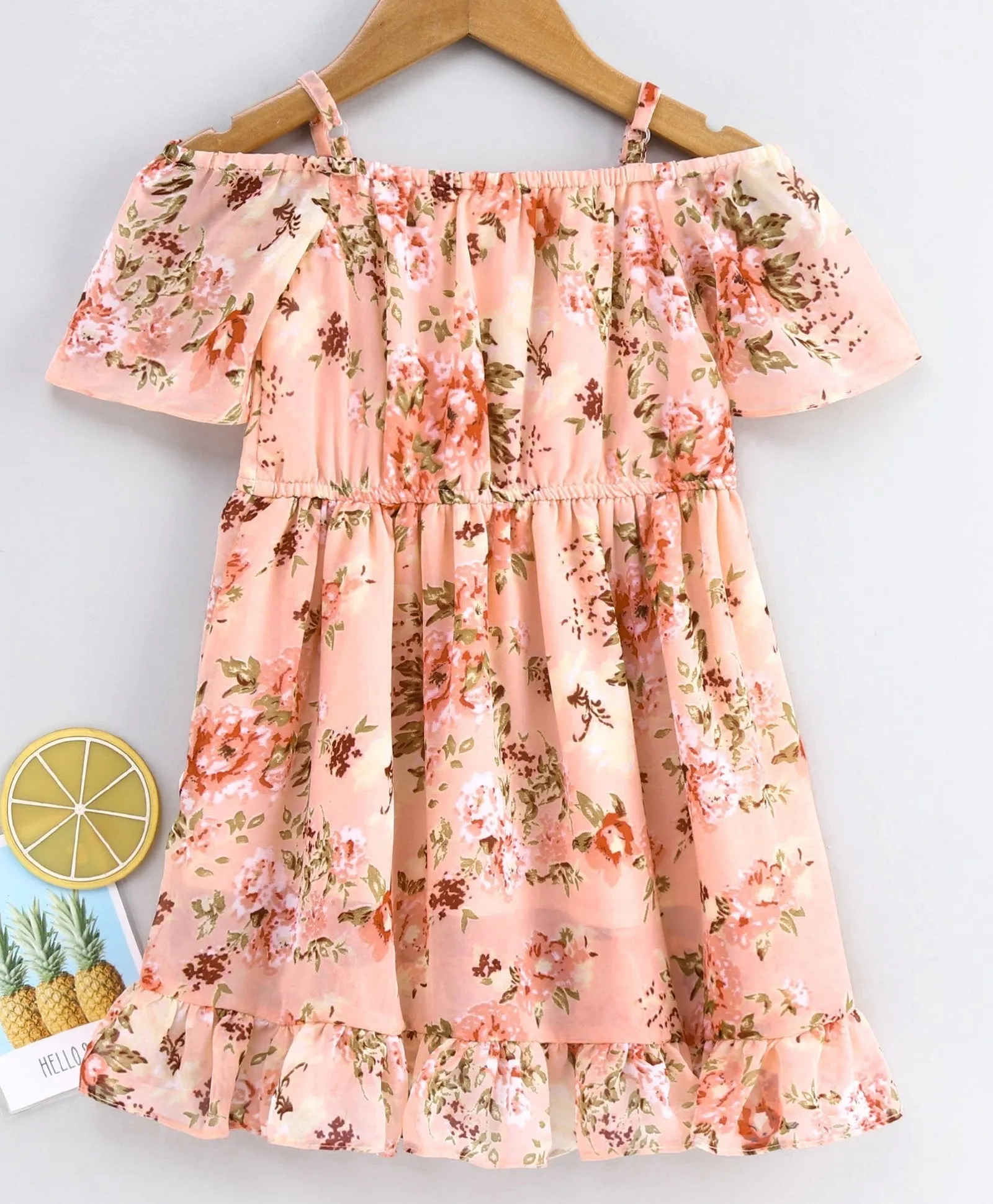 Girls Peach-Coloured Green Floral Print Wrap Dress - Ps Peaches