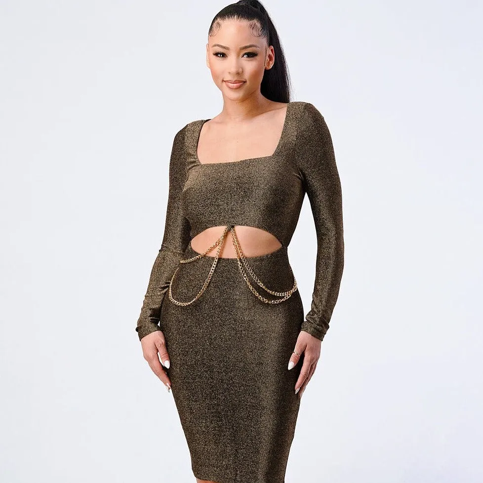 Gold Chain Cut-Out Square Neck Glitter Bodycon Dress