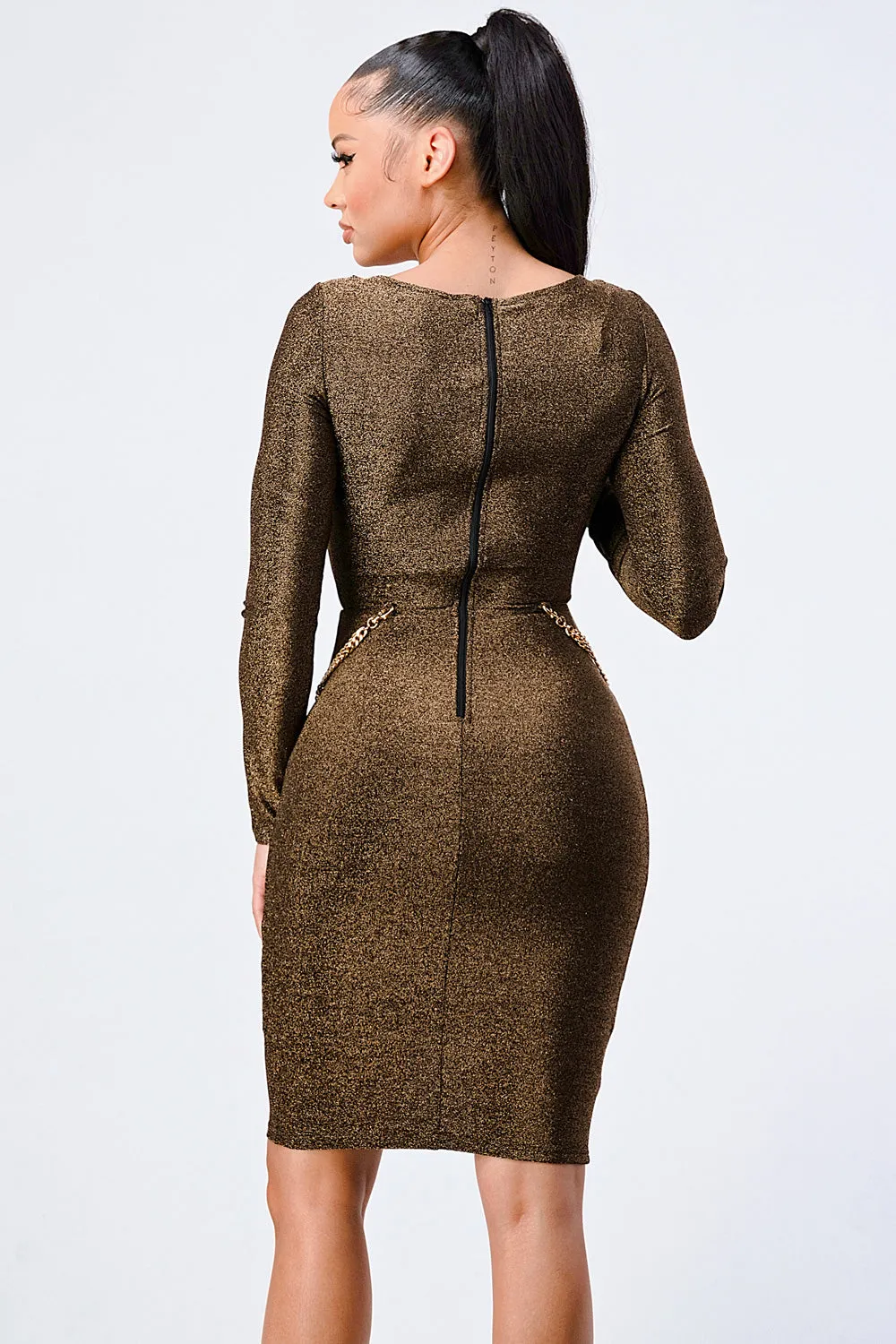 Gold Chain Cut-Out Square Neck Glitter Bodycon Dress