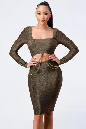 Gold Chain Cut-Out Square Neck Glitter Bodycon Dress