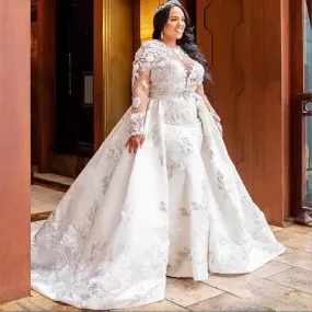 Gorgeous Plus Size Mermaid Wedding Dresses Bridal Gown with Detachable Train Long Sleeves Lace Applique Custom Made Jewel Neckline vestido de novia  0509