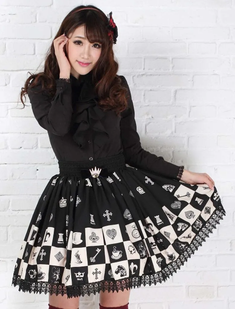 Gothic Elastic Waist Skater Skirt Sweet Checkered/Plaid Kawaii Black Lace Short Lolita Skirts