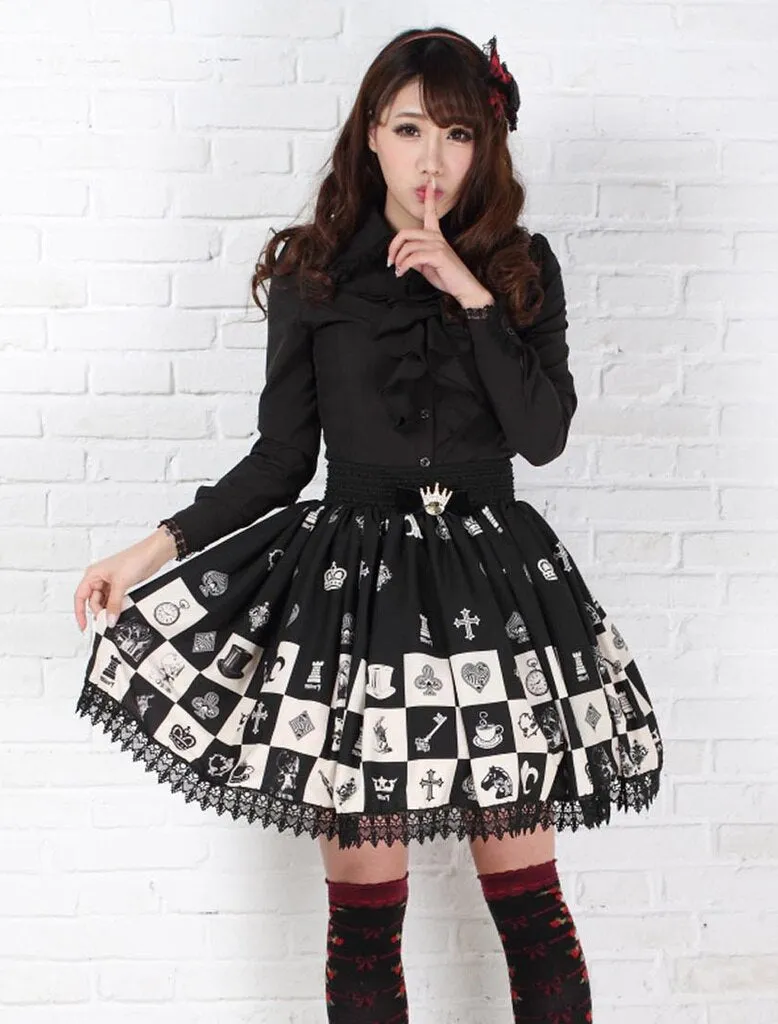 Gothic Elastic Waist Skater Skirt Sweet Checkered/Plaid Kawaii Black Lace Short Lolita Skirts