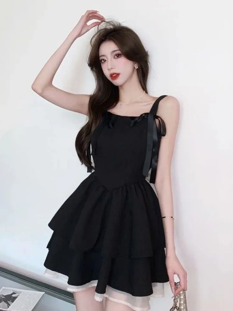 Gothic Harajuku Goth Bandage Dress Black Lolita Kawaii Cute Slip Spaghetti Strap Party Mini Short Dresses Summer