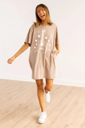 Guitar Tour T-Shirt Dress with Pockets, Beige