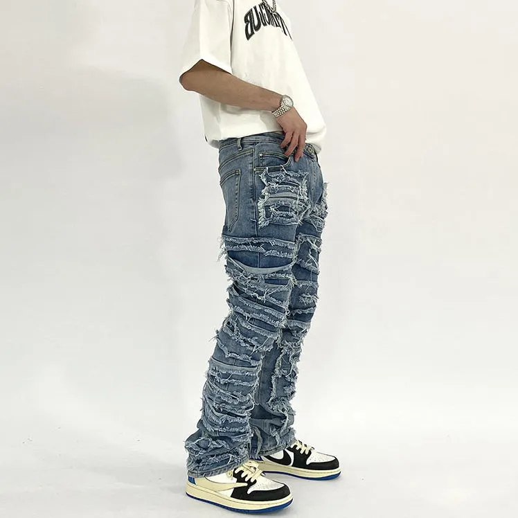 Heavy Industry Washed Damaged Patch Jeans Distressed Trousers