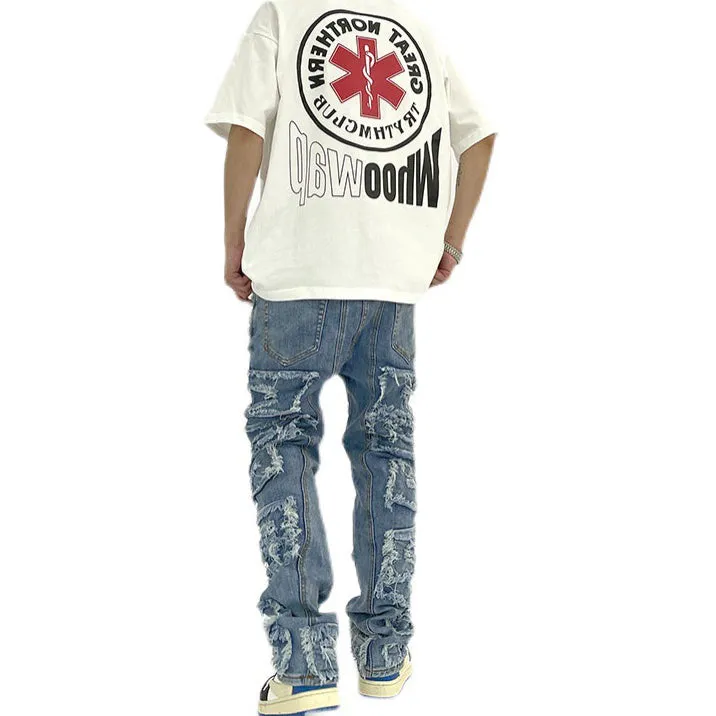 Heavy Industry Washed Damaged Patch Jeans Distressed Trousers