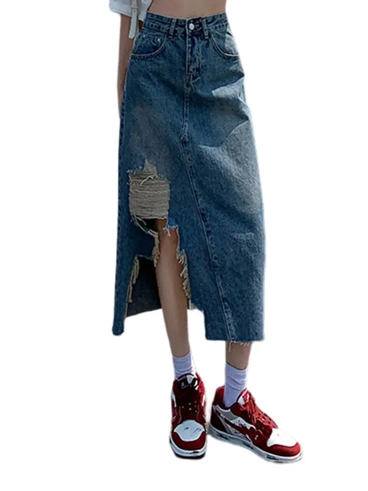 Holes Tassels Irregular Fashion Female Denim Skirts High Waist Slim Split A-line High Street Women Skirt Chic Y2k Clothes