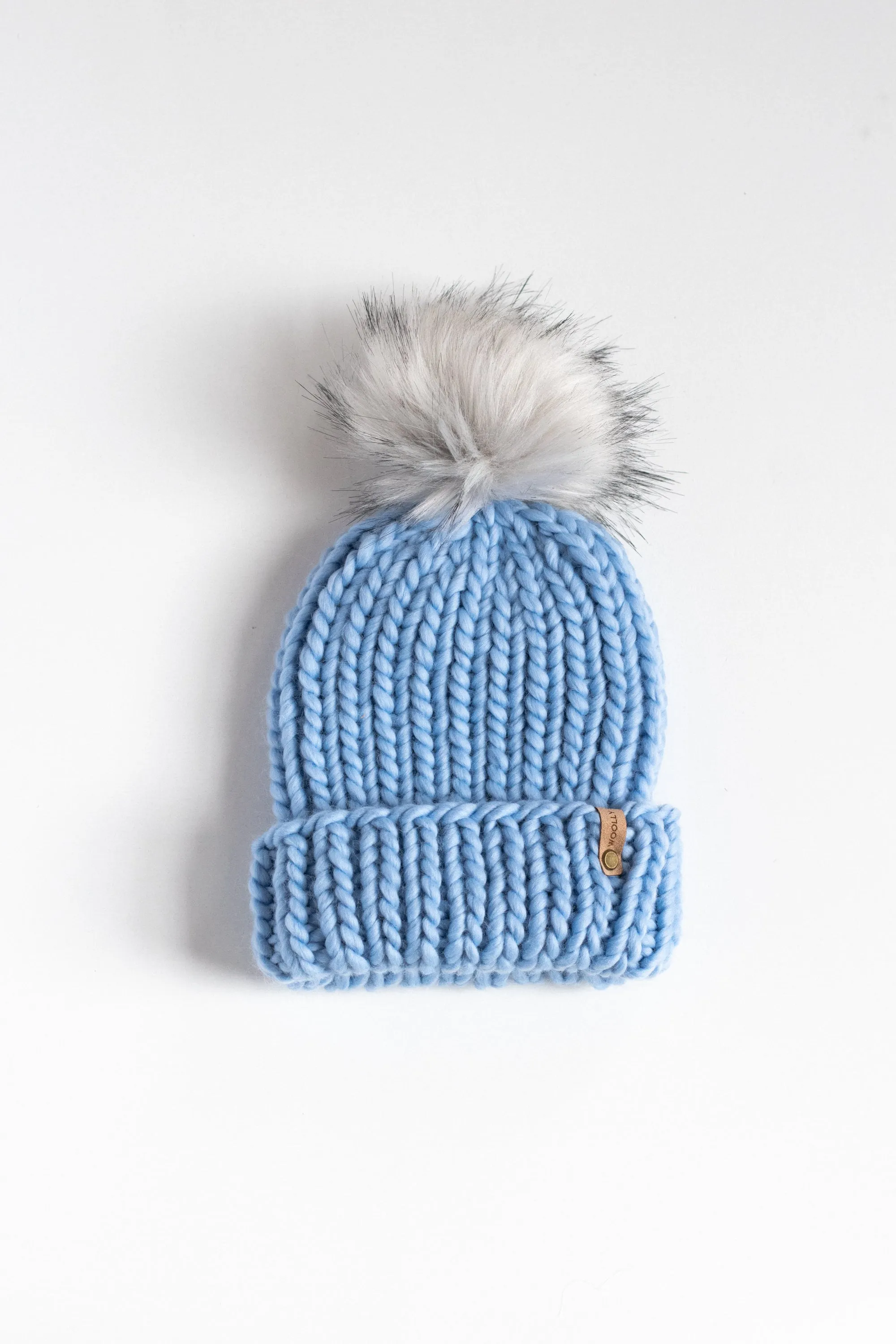 Icy Blue Peruvian Wool Ribbed Knit Hat with Pom Pom and Folded Brim