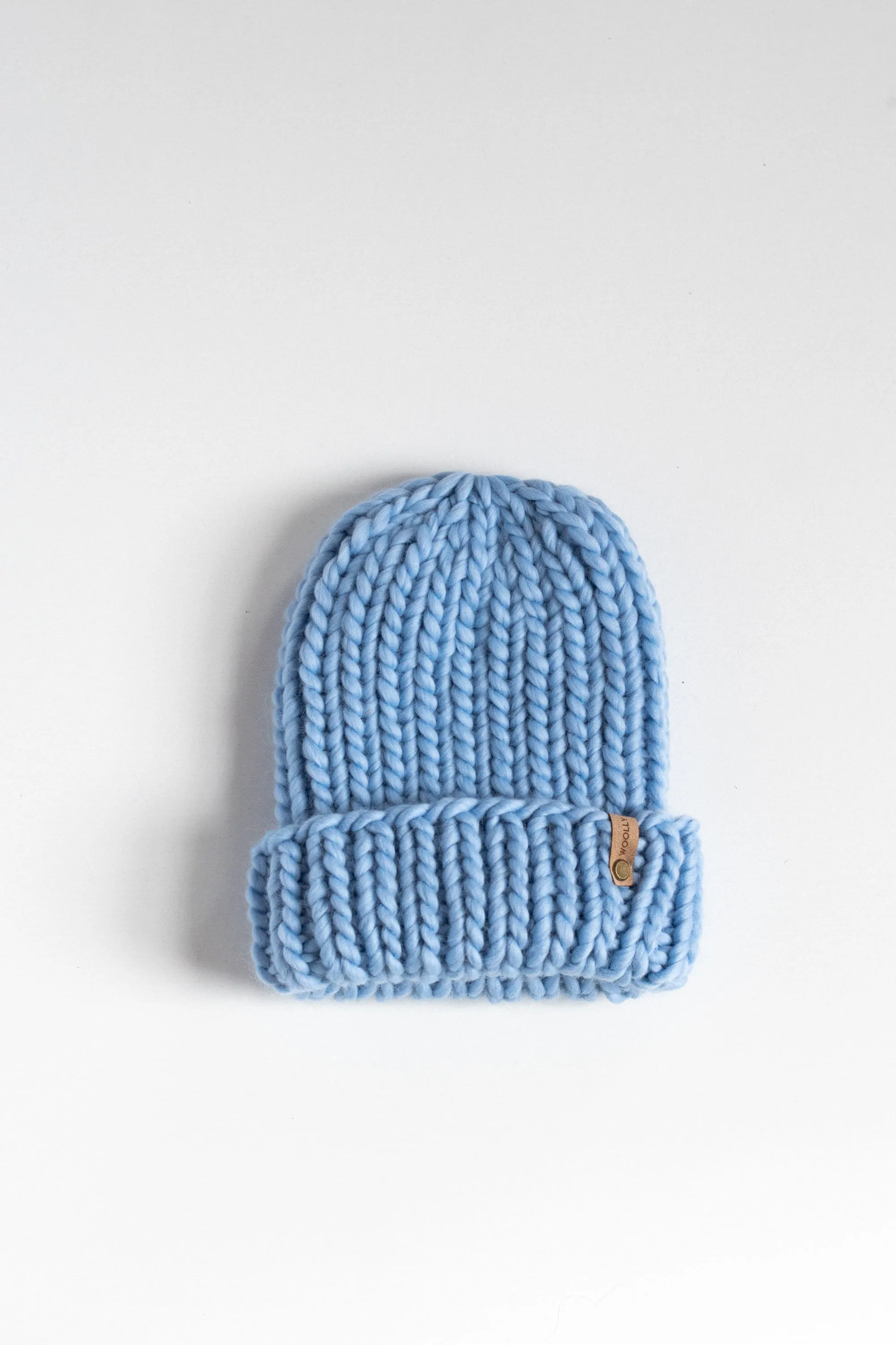 Icy Blue Peruvian Wool Ribbed Knit Hat with Pom Pom and Folded Brim