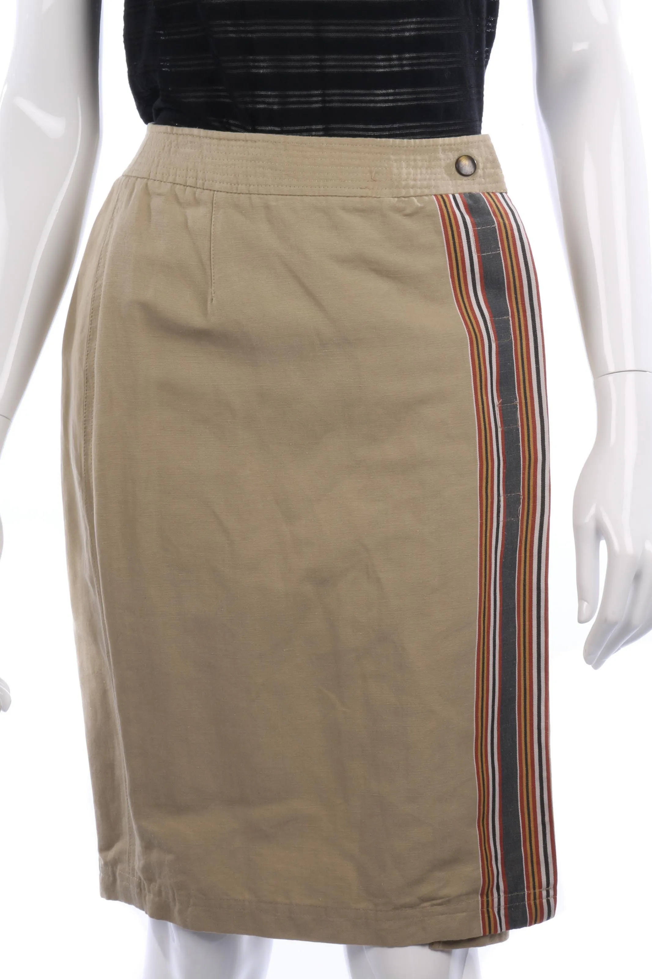 Jaeger Wraparound Skirt Linen Mix Khaki with Stripe Details Size 8