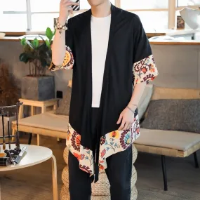 Japanese Cream Floral Black Men's Haori Yukata Kimono Jacket