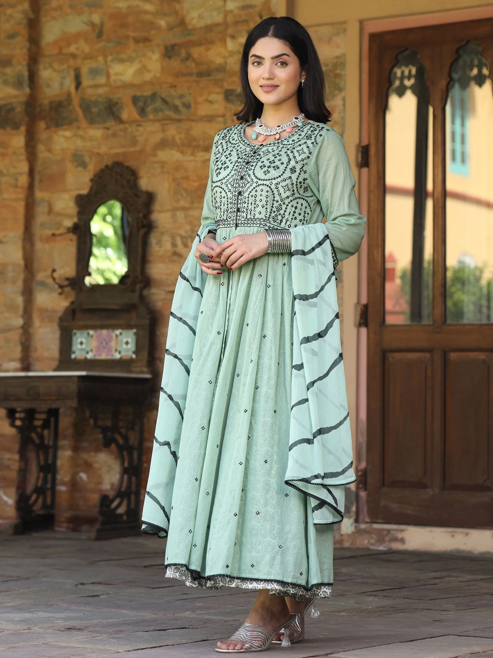 Jashvi Green & Black Cotton  Embroidered Anarkali Dress With Jacket & Tie-Dye Dupatta