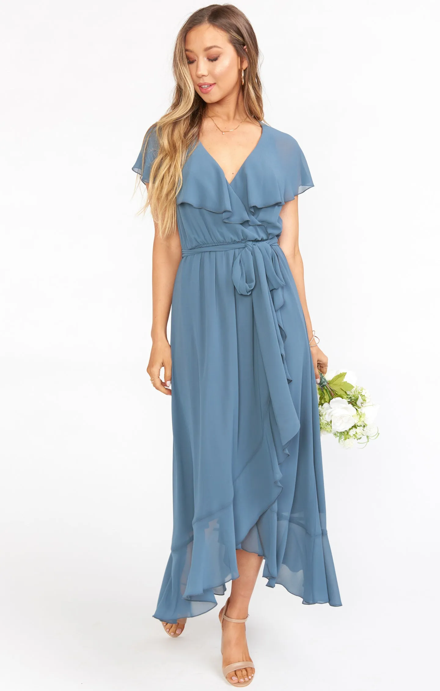 Jess Ruffle Midi Dress ~ Slate Blue Chiffon