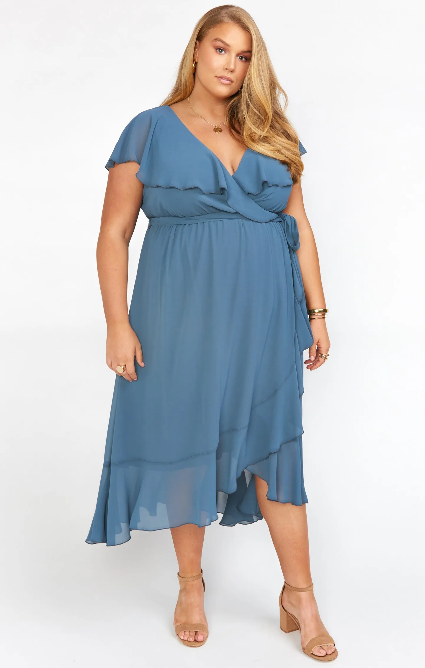 Jess Ruffle Midi Dress ~ Slate Blue Chiffon