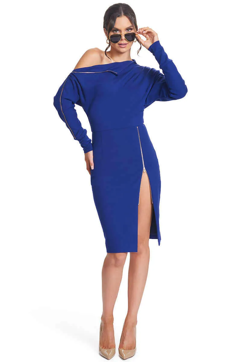 Josefa Asymmetric Dress - Long sleeve convertible midi dress with gold