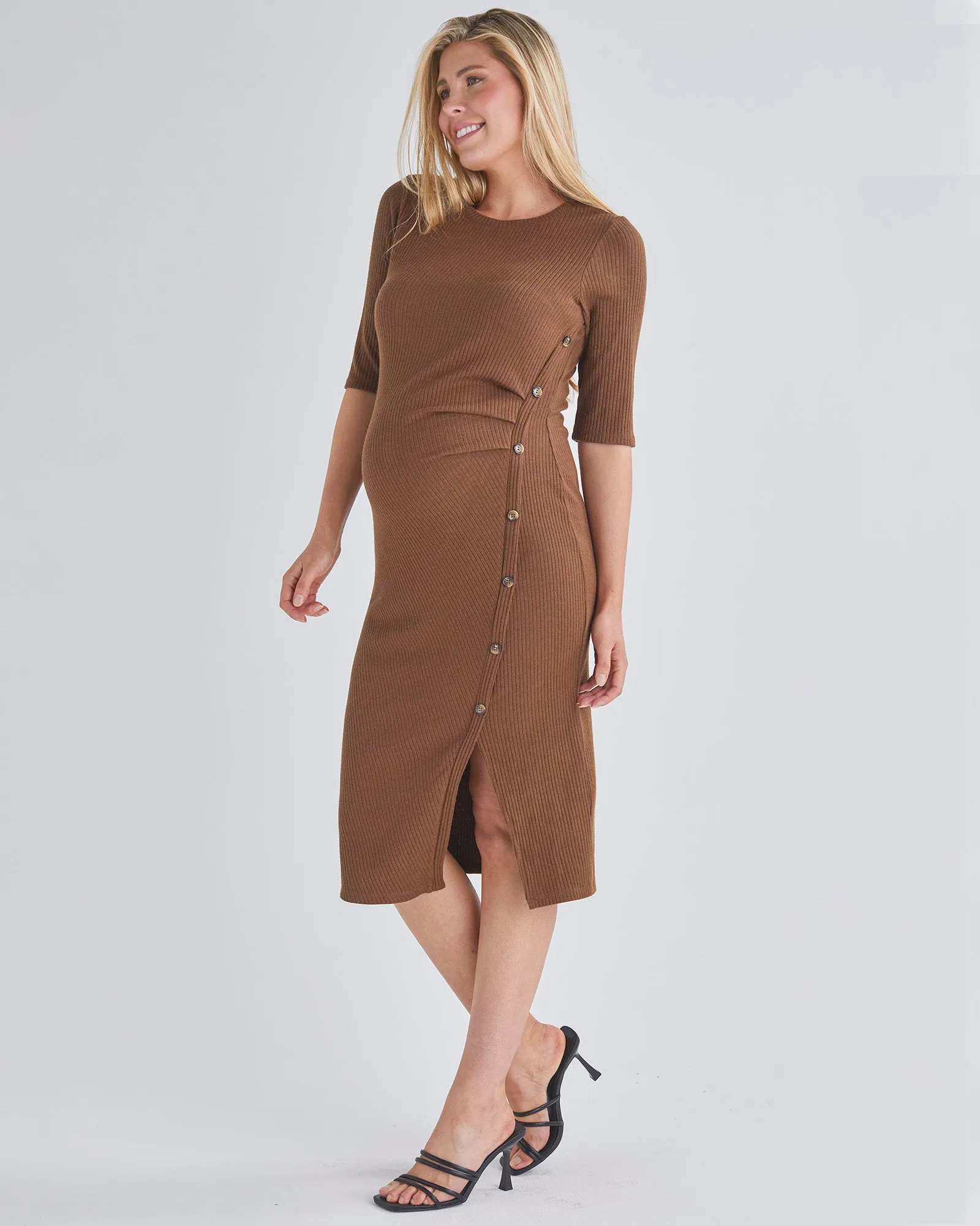 Juliet Maternity Bodycon Dress with Side Button Detail in Brown