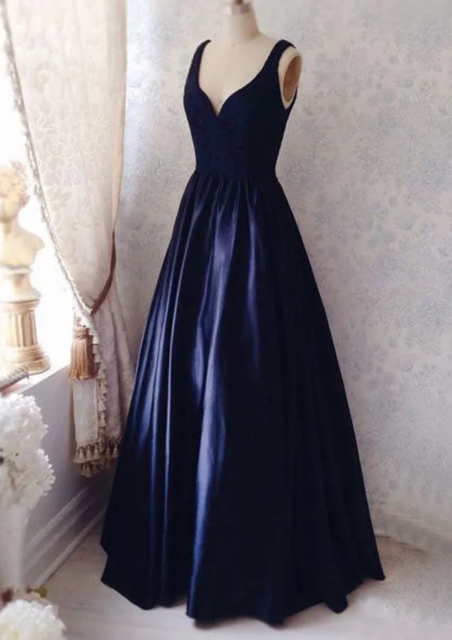 kamahe Dark Navy Prom Dresses, A-line/Princess V Neck Sleeveless Long/Floor-Length Satin Prom Dress