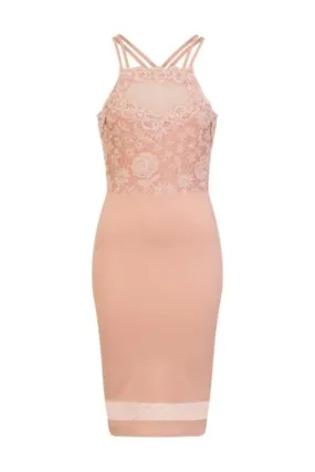 Kara Nude Floral Lace Bodice Mesh Bodycon Midi Dress