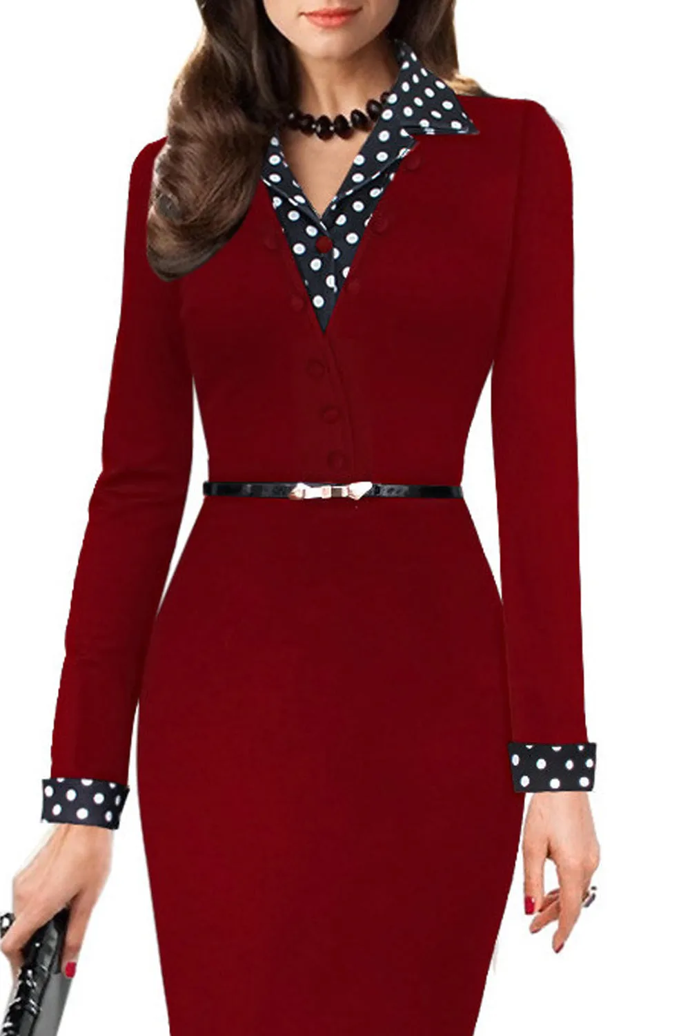 Ketty More Women Polka Dots Collar Waist Fastening Bodycon Dress-KMWD272