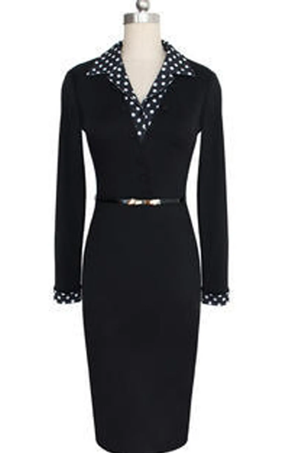 Ketty More Women Polka Dots Collar Waist Fastening Bodycon Dress-KMWD272