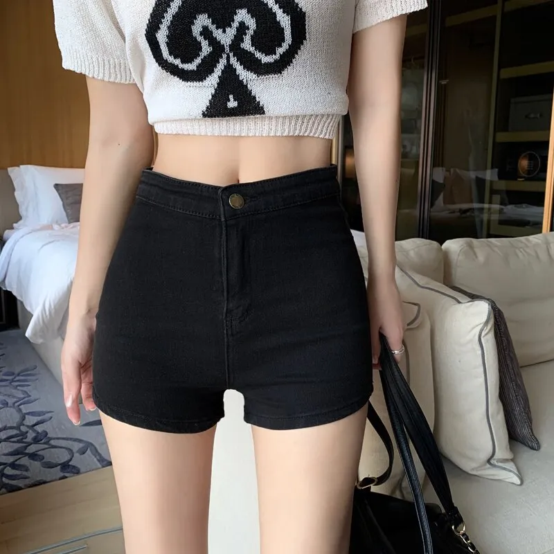 KittenAlarm - Black Jeans Shorts for Women 2024 New High Waisted Skinny Korean Fashion Chic Jeans Shorts Casual Straight Jeans Shorts