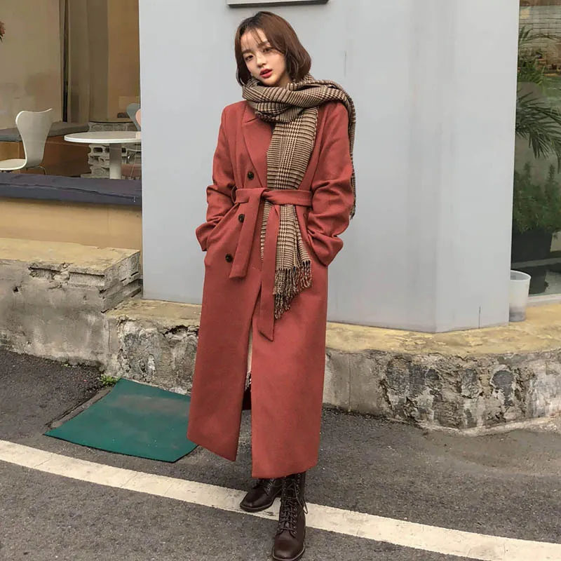 [Korean Style] Berry Belted Long Overcoat