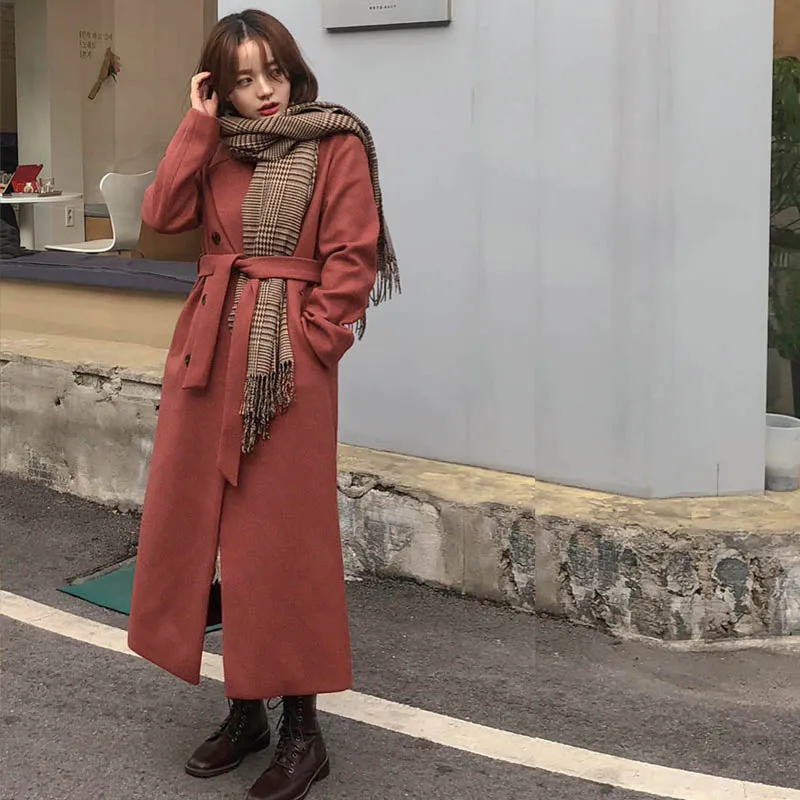 [Korean Style] Berry Belted Long Overcoat